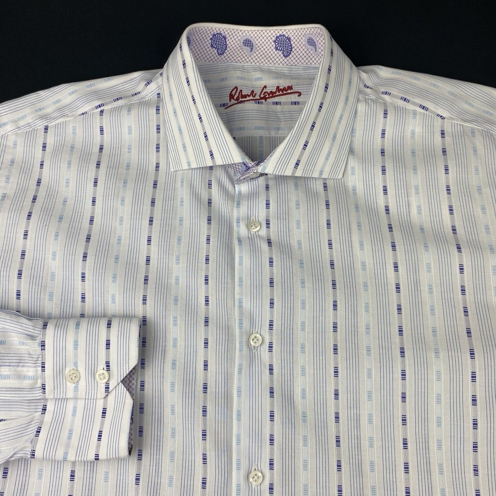 Robert Graham Shirt Mens XL Blue/White Stripes Regular Fit Flip Cuffs